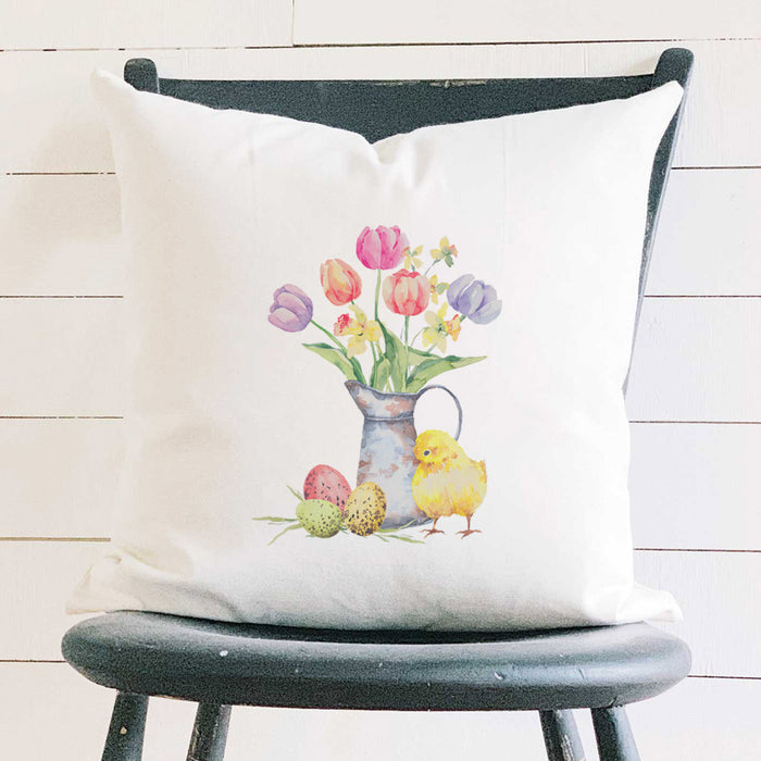 Chick and Tulips - Easter Square Canvas Pillow