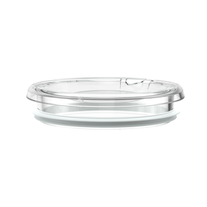 Quicksip Lid in clear transparent plastic, shown from a low side angle against a white background, featuring a sliding sip opening on top and a white silicone seal ring around the base.