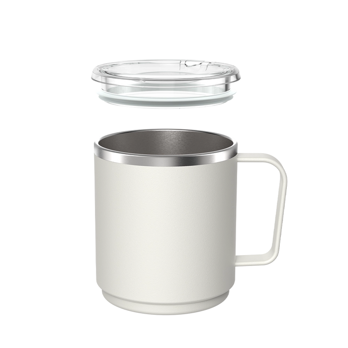 Exploded view of the KeepCup Camp Mug M 12oz in Bone, showing the clear plastic lid hovering above the cream-coloured stainless steel mug with matching handle and silver rim detail.