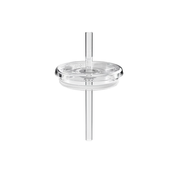 Clear plastic Coffee Straw Lid for M 12oz Plastic Cup, shown from a straight-on angle displaying the transparent lid with integrated straw passing through the centre opening.