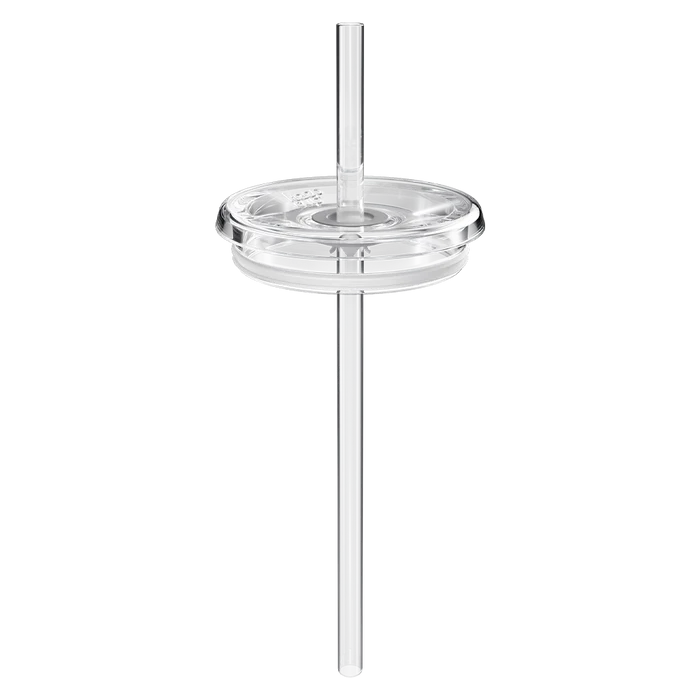Clear KeepCup Straw Lid shown from a straight-on angle with the reusable straw inserted through the centre, displaying the transparent lid's layered construction against a white background.