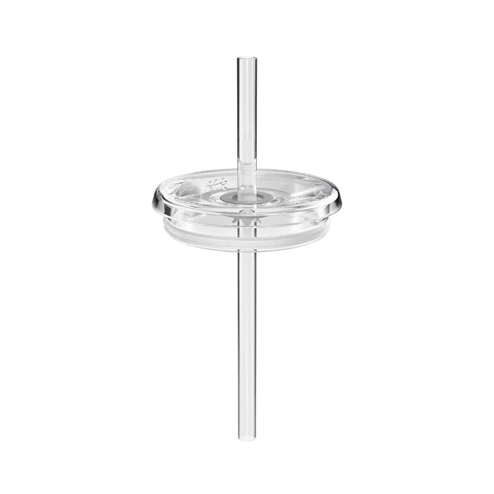 Clear plastic Coffee Straw Lid for L 16oz Plastic Cup, shown from above at a slight angle with the transparent reusable straw inserted through the centre opening.
