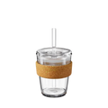 KeepCup Cold Cup Ace M 12oz shown in a straight-on product shot against a white background, featuring a clear glass cup with a cork band grip, transparent lid and plastic straw.