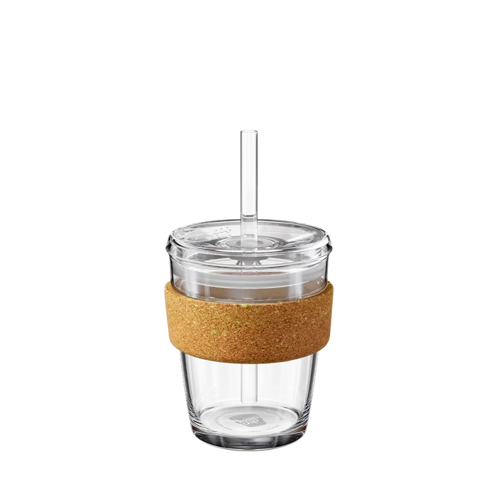 KeepCup Cold Cup Ace M 12oz shown in a straight-on product shot against a white background, featuring a clear glass cup with a cork band grip, transparent lid and plastic straw.