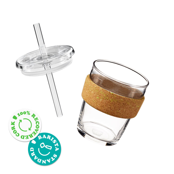 Exploded view of the KeepCup Cold Cup Ace M 12oz showing the clear glass cup with cork band alongside the detached lid and straw, featuring 100% Recovered Cork and Barista Standard certification badges.