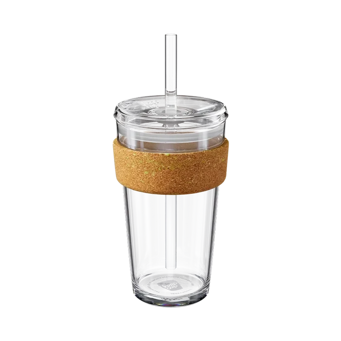 Clear reusable Cold Cup Ace L 16oz tumbler with transparent lid and straw, featuring a natural cork band around the upper portion, shown on a plain white background.