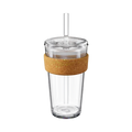 Clear reusable Cold Cup Ace L 16oz tumbler with transparent lid and straw, featuring a natural cork band around the upper portion, shown on a plain white background.