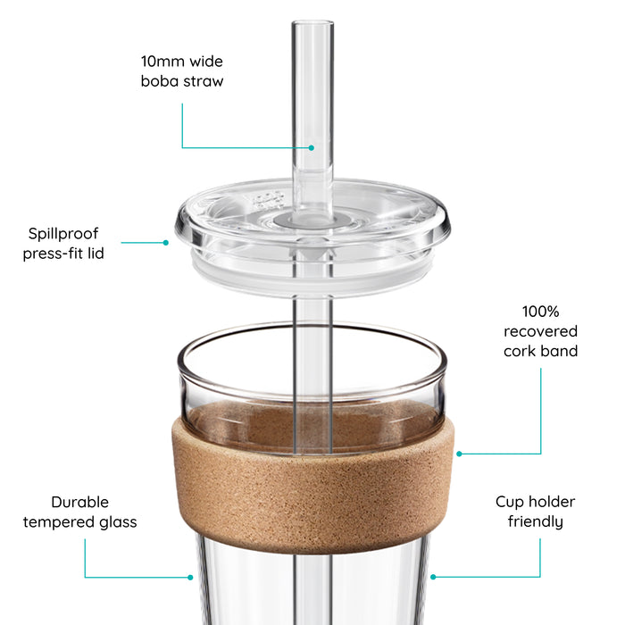 Cold Cup with cork band and Boba straw, features text on a white background