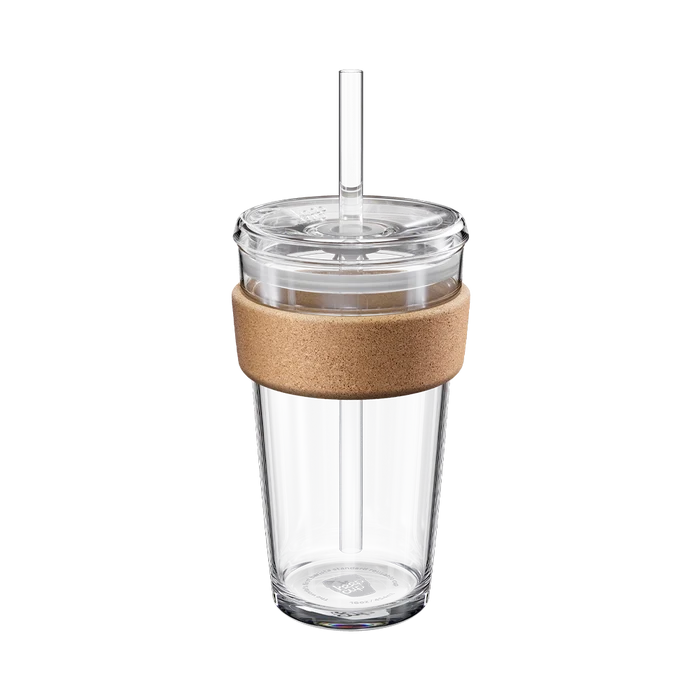 KeepCup Cold Cup Cork L 16oz with Boba Straw, shown against a white background. The clear reusable cup features a natural cork band, transparent lid and wide plastic straw, photographed at a slight angle to display the full product design.