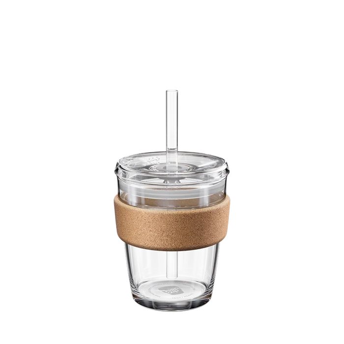 KeepCup Cold Cup Cork M 12oz with Boba Straw, featuring a clear glass cup with cork band sleeve, transparent lid and plastic straw, shown against a white background.