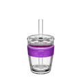 KeepCup Cold Cup Longplay Boba in Bubblegum, medium 12oz size, shown from the front featuring a clear double-walled glass cup with purple silicone band embossed with "Long Play" text, clear lid and reusable glass straw.