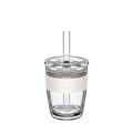 KeepCup Cold Cup Longplay Boba M 12oz in Chalk, featuring a clear double-walled glass cup with cream-coloured silicone band, transparent lid and reusable straw, shown against a white background.