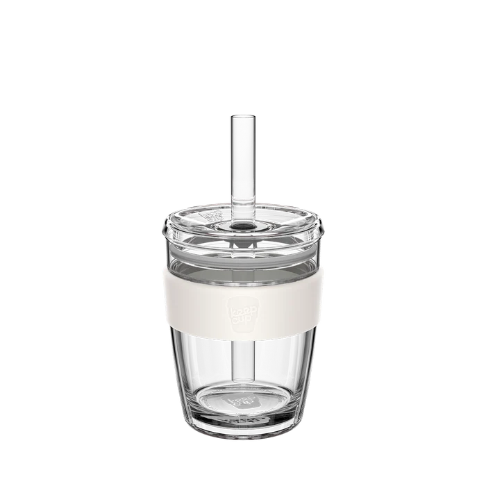 KeepCup Cold Cup Longplay Boba M 12oz in Chalk, featuring a clear double-walled glass cup with cream-coloured silicone band, transparent lid and reusable straw, shown against a white background.