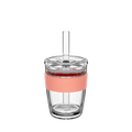 KeepCup Cold Cup Longplay Boba M 12oz in Clay, shown from the front on a plain white background. The clear double-walled glass cup features a peach-coloured silicone band, transparent lid and reusable glass straw.
