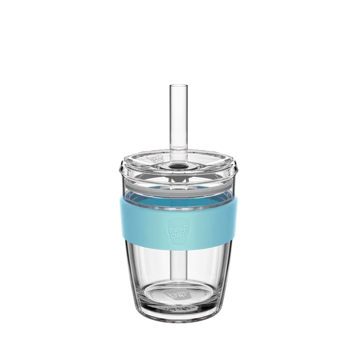 KeepCup Cold Cup Longplay Boba M 12oz in Cloud, featuring a clear double-walled glass cup with light blue silicone band, transparent lid and reusable straw, shown against a white background.
