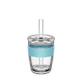KeepCup Cold Cup Longplay Boba M 12oz in Cloud, featuring a clear double-walled glass cup with light blue silicone band, transparent lid and reusable straw, shown against a white background.