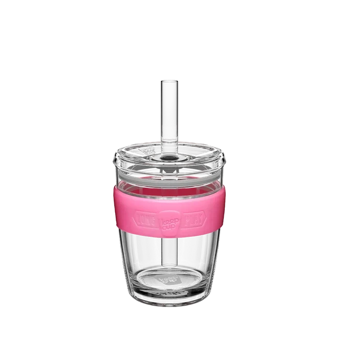 KeepCup Cold Cup Longplay Boba M 12oz in Flamingo, featuring a clear double-walled glass cup with pink silicone band, clear lid and reusable straw, shown on a plain white background.