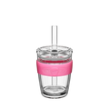 KeepCup Cold Cup Longplay Boba M 12oz in Flamingo, featuring a clear double-walled glass cup with pink silicone band, clear lid and reusable straw, shown on a plain white background.
