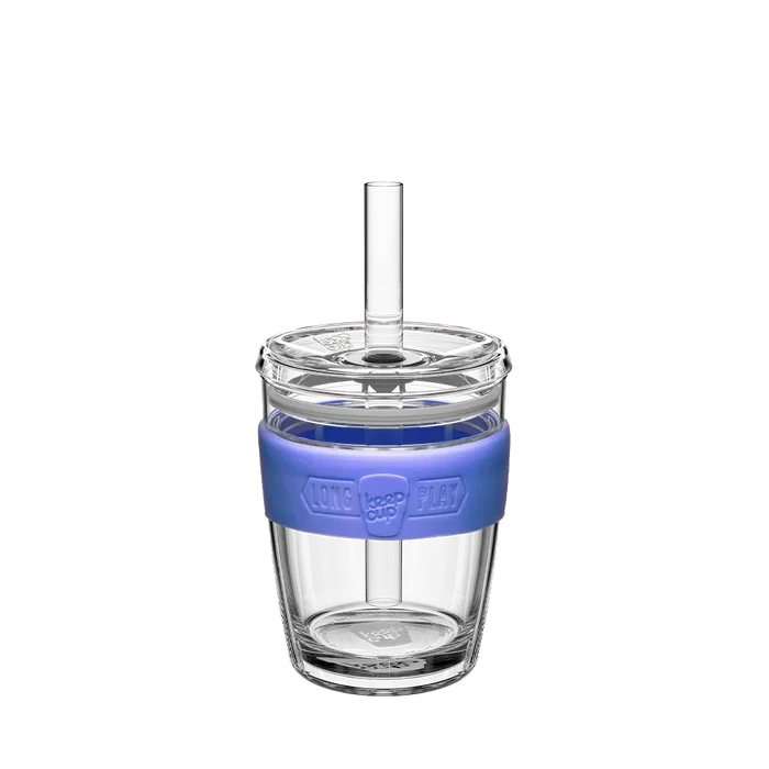 KeepCup Cold Cup Longplay Boba M 12oz in Indigo, featuring a clear double-walled glass body with purple silicone band embossed with "LONG keep cup PLAY", clear lid and glass straw, shown on a plain white background.