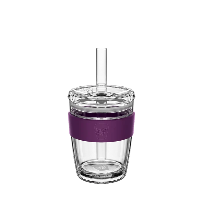 KeepCup Cold Cup Longplay Boba M 12oz in Merlot, featuring a clear double-walled glass cup with a purple silicone band, transparent lid, and reusable glass straw, shown against a white background.