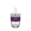 KeepCup Cold Cup Longplay Boba M 12oz in Merlot, featuring a clear double-walled glass cup with a purple silicone band, transparent lid, and reusable glass straw, shown against a white background.