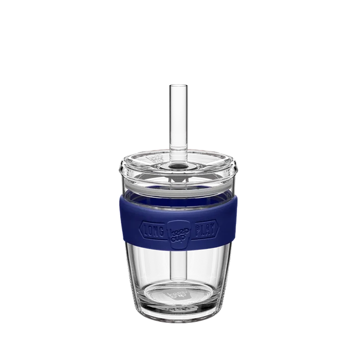 KeepCup Cold Cup Longplay Boba M 12oz in Navy, featuring a clear double-walled glass cup with navy silicone band, transparent lid and reusable glass straw, shown against a white background.