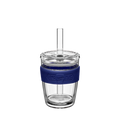 KeepCup Cold Cup Longplay Boba M 12oz in Navy, featuring a clear double-walled glass cup with navy silicone band, transparent lid and reusable glass straw, shown against a white background.