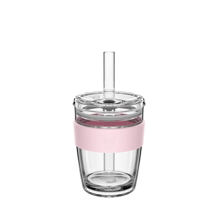 KeepCup Cold Cup Longplay Boba M 12oz in Pashmak, featuring a clear double-walled glass cup with soft pink silicone band, transparent lid and reusable straw, shown against a white background.