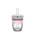 KeepCup Cold Cup Longplay Boba M 12oz in Pashmak, featuring a clear double-walled glass cup with soft pink silicone band, transparent lid and reusable straw, shown against a white background.