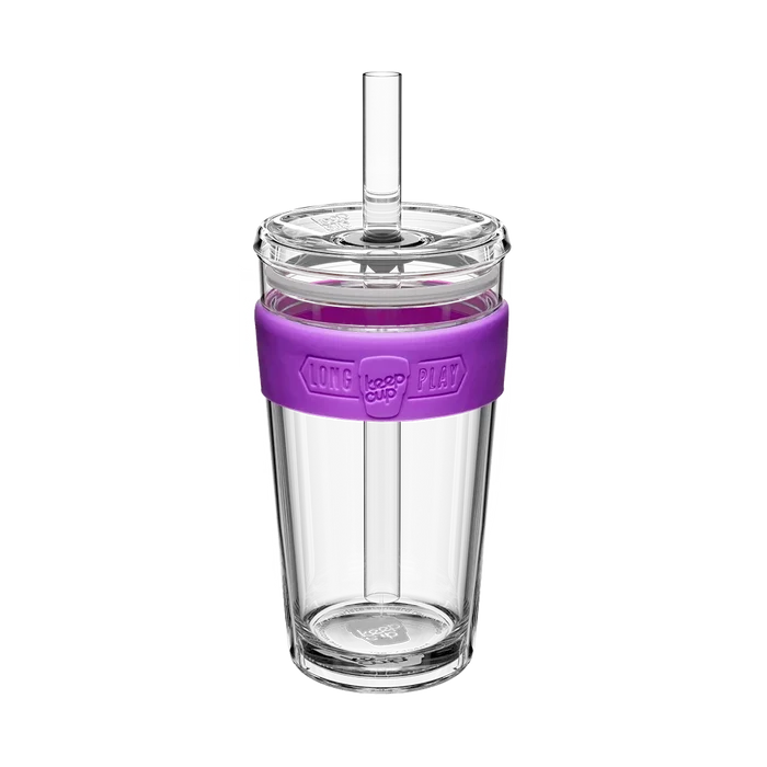 KeepCup Cold Cup Longplay Boba L 16oz in Bubblegum, featuring a clear double-walled cup with purple silicone band, transparent lid and reusable straw, shown against a white background.