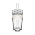 KeepCup Cold Cup Longplay Boba L 16oz in Chalk, featuring a clear double-walled cup with cream-coloured silicone band, transparent lid and reusable straw, shown against a white background.