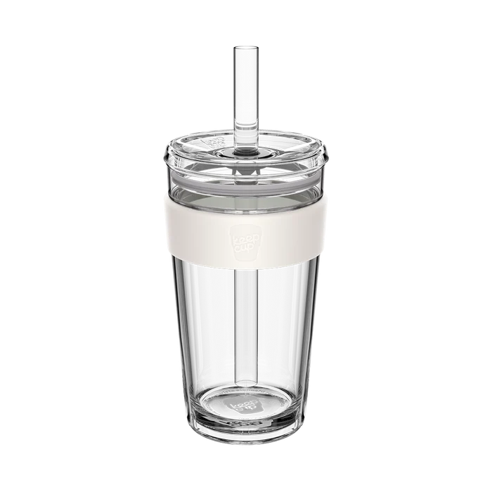 KeepCup Cold Cup Longplay Boba L 16oz in Chalk, featuring a clear double-walled cup with cream-coloured silicone band, transparent lid and reusable straw, shown against a white background.