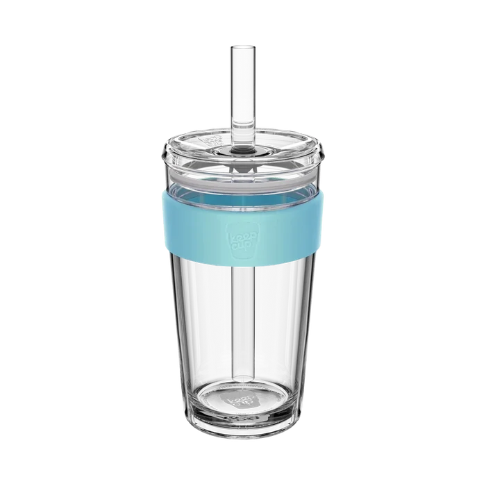 KeepCup Cold Cup Longplay Boba L 16oz in Cloud, featuring a clear double-walled glass cup with light blue silicone band, transparent lid and reusable straw, shown in a product studio shot against a white background.