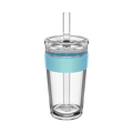 KeepCup Cold Cup Longplay Boba L 16oz in Cloud, featuring a clear double-walled glass cup with light blue silicone band, transparent lid and reusable straw, shown in a product studio shot against a white background.