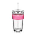 KeepCup Cold Cup Longplay Boba L 16oz in Flamingo, featuring a clear double-walled cup with pink silicone band, transparent lid and reusable straw, shown against a white background.