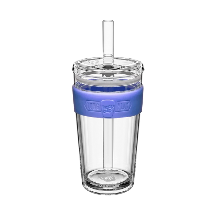 KeepCup Cold Cup Longplay Boba L 16oz in Indigo, shown in a product shot against a white background. The clear reusable cup features a periwinkle silicone band with embossed "Long Keep Cup Play" text, transparent lid, and matching clear straw.