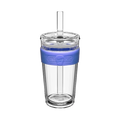 KeepCup Cold Cup Longplay Boba L 16oz in Indigo, shown in a product shot against a white background. The clear reusable cup features a periwinkle silicone band with embossed "Long Keep Cup Play" text, transparent lid, and matching clear straw.