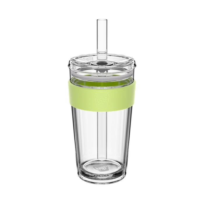 KeepCup Cold Cup Longplay Boba L 16oz in Matcha, featuring a clear double-walled cup with a light green silicone band, transparent lid and reusable straw, shown against a white background.