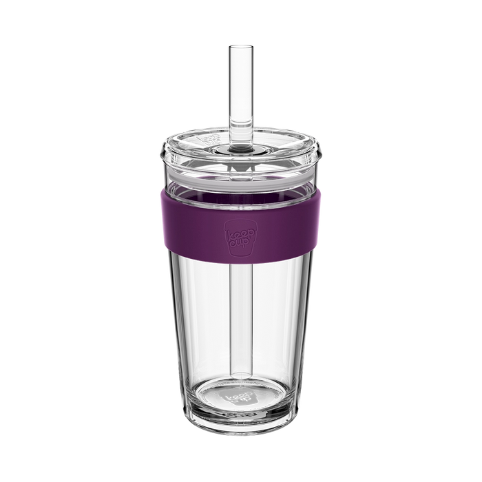 KeepCup Cold Cup Longplay Boba L 16oz in Merlot, shown from the front on a white background. The clear double-walled cup features a deep purple silicone band with embossed KeepCup logo, clear lid and reusable straw.