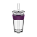 KeepCup Cold Cup Longplay Boba L 16oz in Merlot, shown from the front on a white background. The clear double-walled cup features a deep purple silicone band with embossed KeepCup logo, clear lid and reusable straw.