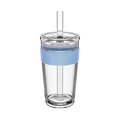 KeepCup Cold Cup Longplay Boba L 16oz in Orchid, featuring a clear double-walled cup with light blue silicone band, transparent lid and reusable straw, shown against a white background.