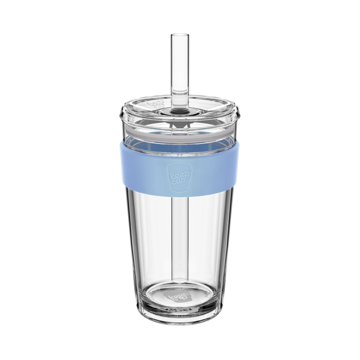 KeepCup Cold Cup Longplay Boba L 16oz in Orchid, featuring a clear double-walled cup with light blue silicone band, transparent lid and reusable straw, shown against a white background.