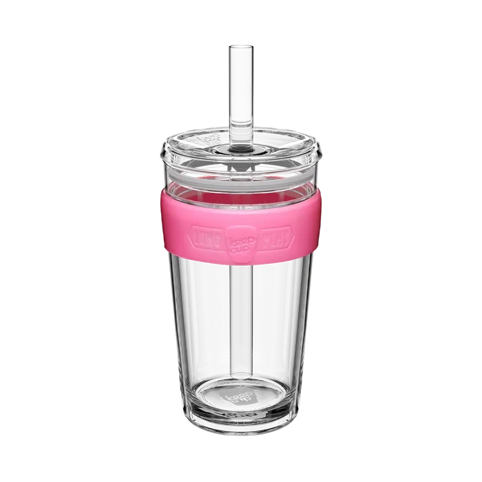 KeepCup Cold Cup Longplay Boba L 16oz in Flamingo, featuring a clear double-walled cup with pink silicone band, transparent lid and reusable straw, shown against a white background.