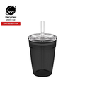 Cold Cup Original M 12oz in Recycled Black, shown from a front angle against a white background, featuring a translucent black cup body, clear lid with straw hole, and clear reusable straw. Limited edition badge and 100% recycled plastic cup icon displayed in top left corner.