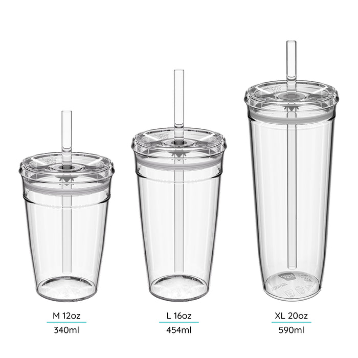 Three Cold Cup Original's with lids and straws, labeled M 12oz, L 16oz, and XL 20oz.