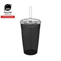 Cold Cup Original L 16oz in Recycled Black, shown from a front angle against a white background, featuring a translucent black cup body, clear lid with straw hole, and clear reusable straw. Badges indicate 100% recycled plastic cup and limited edition.