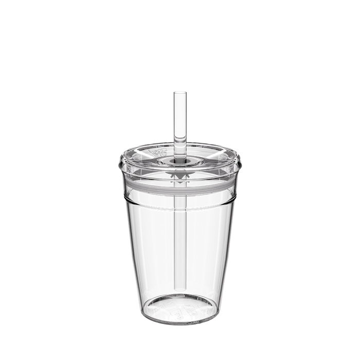 Clear Cold Cup Original M 12oz tumbler with matching lid and reusable coffee straw, shown empty against a white background to display the transparent design and components.
