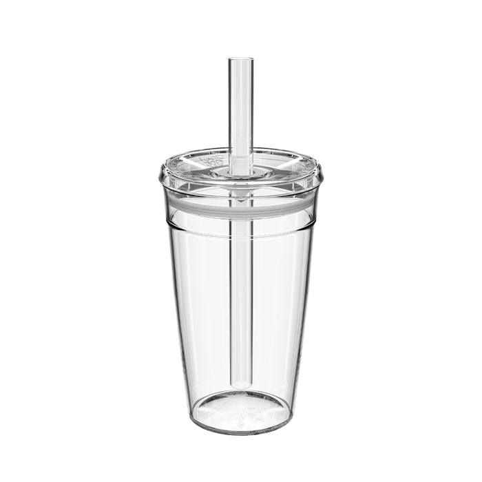 Clear KeepCup Cold Cup Original L 16oz with Boba Straw, shown empty against a white background, featuring a transparent reusable tumbler, fitted lid, and wide clear straw.