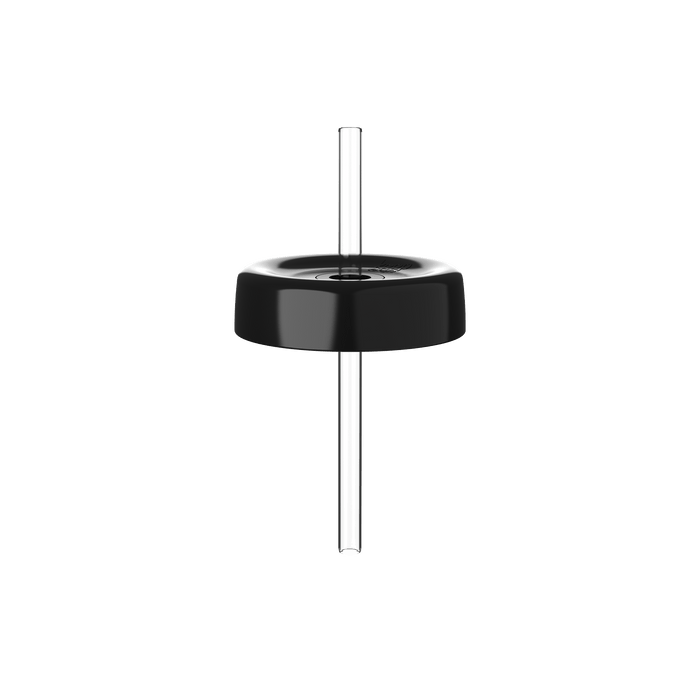 KeepCup Commuter Coffee Straw Lid in Black for M 12oz cup, shown from a front angle with a clear reusable straw inserted through the centre of the glossy black lid against a white background.