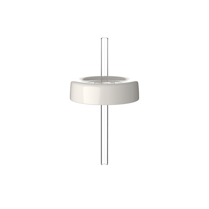 KeepCup Commuter Coffee Straw Lid in white, shown from a front angle with a clear reusable plastic straw inserted through the centre of the lid.